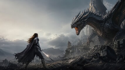 Woman knight holding a sword standing in front of a giant dragon in ruined castle. Epic fantasy battle scene. Medieval legend in a dramatic landscape. Adventure story concept © crispy