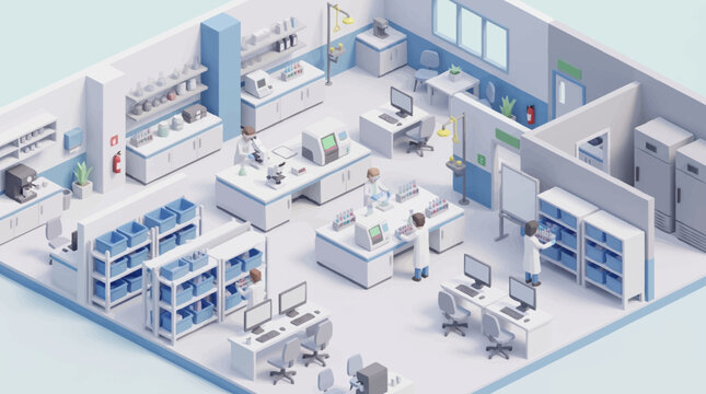 Modern Science Laboratory Interior with Equipment and Computers.
