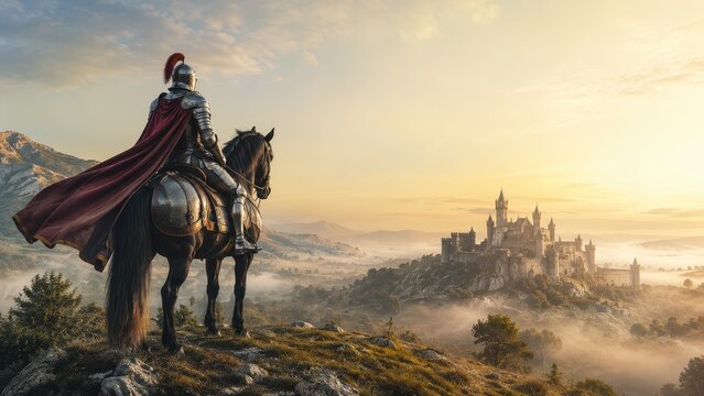 Knight in shining armor riding black horse and observing medieval castle at sunrise. Historical warrior on horseback viewing ancient fortress. Epic fantasy adventure landscape concept