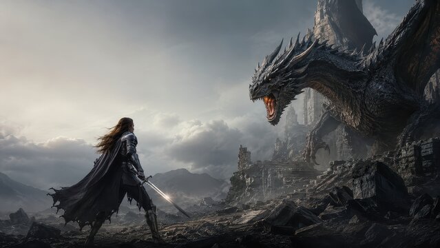 Woman knight holding a sword standing in front of a giant dragon in ruined castle. Epic fantasy battle scene. Medieval legend in a dramatic landscape. Adventure story concept