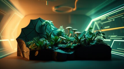 Obraz premium Futuristic scene. Miniature garden inside glowing tunnel. Plants, mushrooms, geometric dome create vibrant contrast. Dark background emphasizes light.