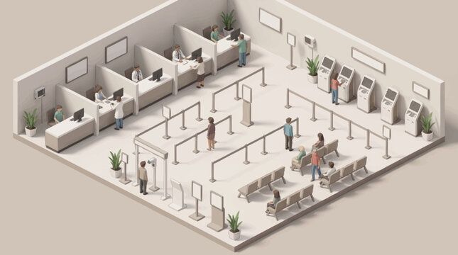 Isometric Bank Interior with Customers and Tellers.