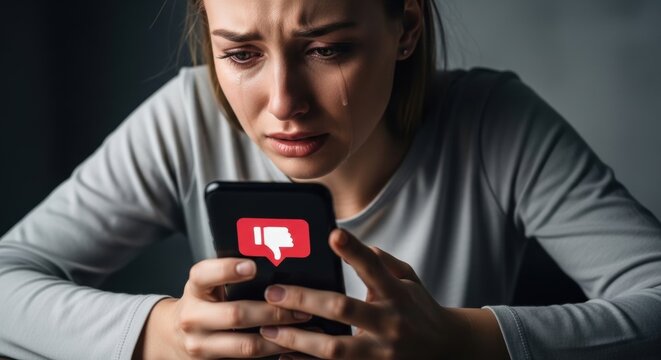 Crying woman looking at negative social media feedback on smartphone screen. Sad girl receiving online dislike notification. Cyberbullying, digital harassment and internet trauma concept.