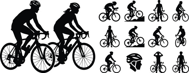 Obraz premium Silhouettes of Cyclists Riding Bicycles on a White Background, Vector Art