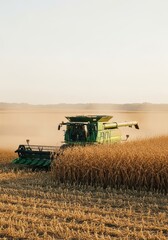 Fototapeta premium Green Combine Harvester Working in a Golden Corn Field During Autumn Harvest Season at Sunset