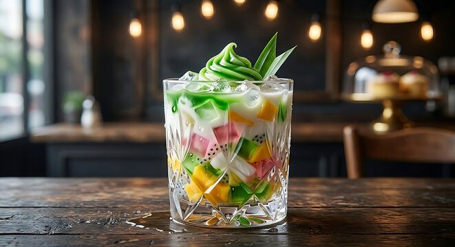 Refreshing Es Campur with pandan topping in a crystal glass on a wooden table