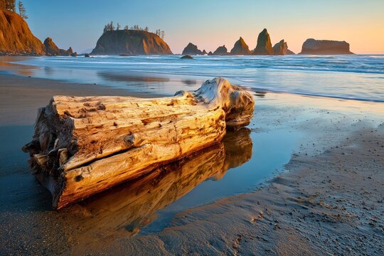 Photorealistic beach composition with driftwood log positioned in foreground shallow tidal pool, reflective water capturing natural textures of wood and sand, ocean waves extending toward rugged sea 