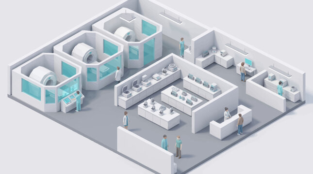 Isometric view of a modern clean public restroom interior design.