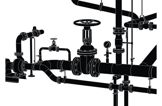 Industrial pipeline system with valves and gauges black silhouette on white background