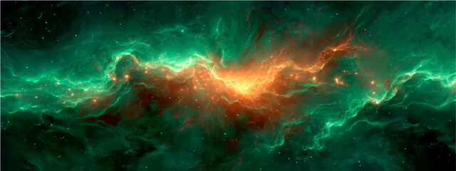 Cosmic nebula, a celestial tapestry of incandescent gas and interstellar dust, paints the void with vibrant hues of emerald and gold, igniting awe and wonder. © Ateş
