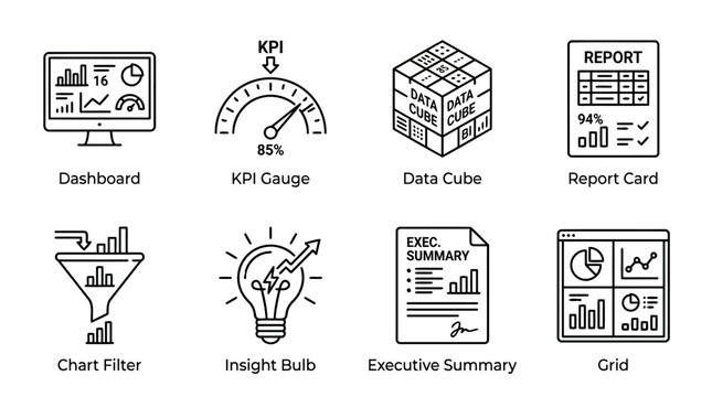 Business intelligence and data analytics dashboard icons set featuring kpi gauge data cube report card chart filter insight bulb executive summary and grid for professional performance monitoring.
