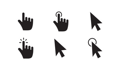 Fototapeta premium Solid black hand cursor icons and arrow pointers collection for user interface navigation.