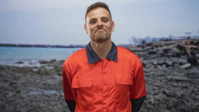 Man in orange work uniform with hands clasped behind back tilts head with smirk near coastal building; defiance.