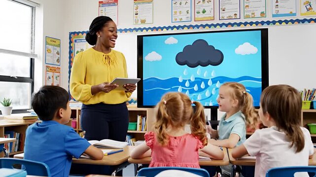 Diverse teacher engages young students in interactive science lesson on weather patterns using a smartboard.