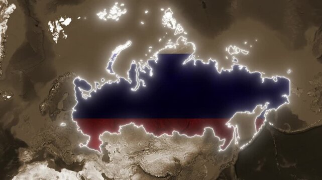 Geographic Map Animation Zooming from Russia to Ukraine with National Flags Overlay on Sepia Background