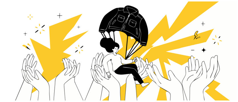 Customer support safety net art of woman parachuting using jacket to reaching hands, representing business insurance, e-commerce retail delivery, protection, finance security, and teamwork concept.