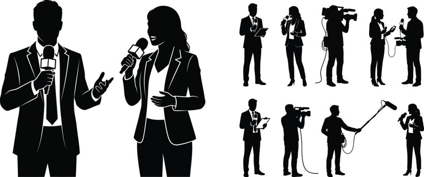 Journalist silhouette vector set for news design with microphone