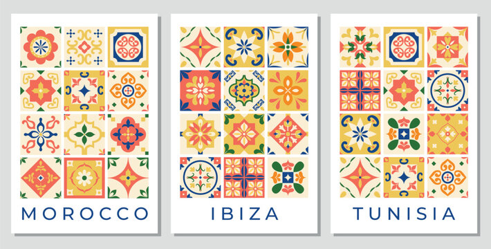 Mediterranean bright colors tiles posters. Mediterranean pattern, background, card. Moroccan, Tunisian, Spanish traditional style. Abstract geometric mosaic. Indian folk motif. Vector illustration.
