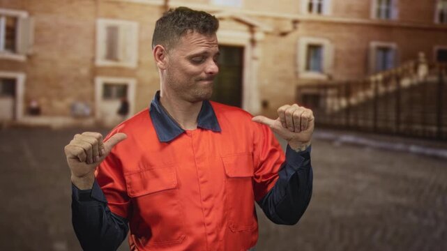 Man in orange work uniform with both thumbs pointing to chest and a smirking expression in a cobbled street near stone building; wry pride.