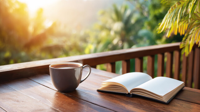 Morning coffee and open book on an outdoor wooden balcony, enjoying a peaceful golden hour view