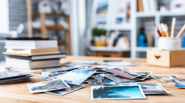 Printed images scattered on wooden table in creative studio, reviewing memories and artistic work