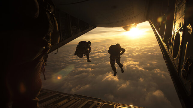 Military parachutists exiting an airplane above a cloudscape, performing a combat jump against the warm glow of the sun