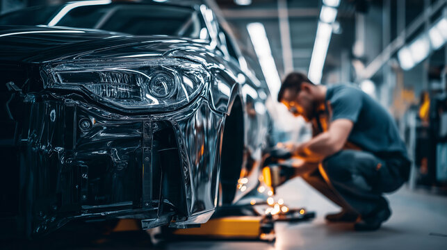 Auto body technician working on damaged car frame, repairing vehicle panel with welding sparks in a professional workshop