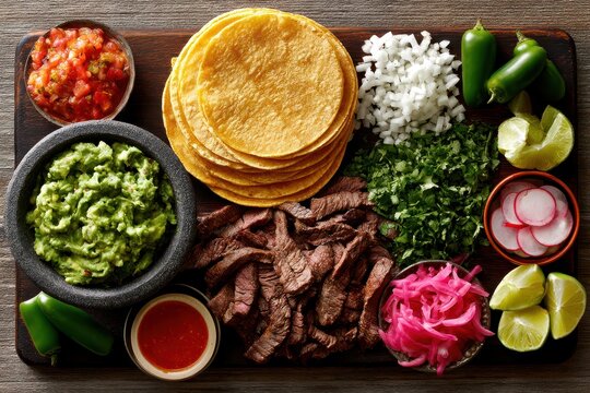 Delicious Carne Asada Taco Platter with Fresh Guacamole, Salsa, and Assorted Toppings