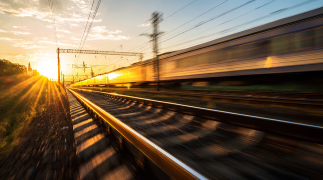High speed passenger train moving fast on railway tracks during golden hour sunset with motion blur and sun rays