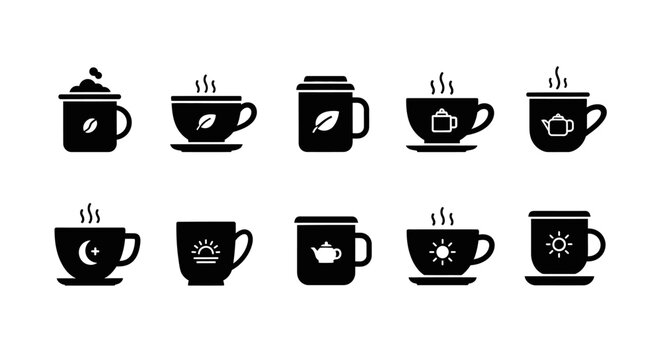 Coffee and tea cup icons collection featuring various beverage types with steam leaves teapot sun moon and coffee bean symbols for restaurant menu design projects
