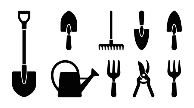 Set of black silhouette gardening tool icons including shovel rakes trowel fork watering can and pruning shears arranged in rows