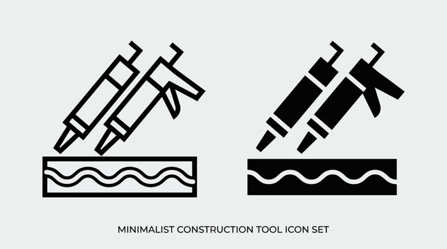 Two minimalist black icons of caulking guns dispensing wavy sealant lines one outlined one filled labeled construction tool icon set
