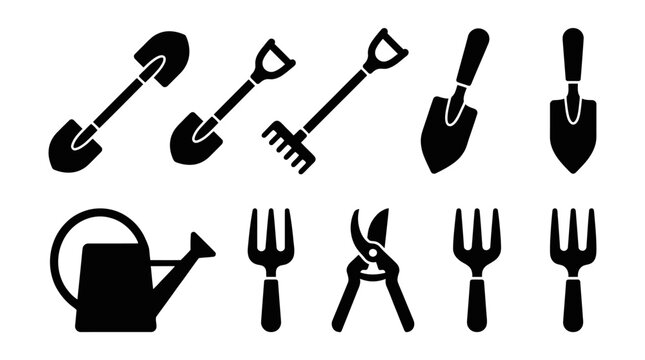Set of black silhouette gardening tool icons including shovel rakes trowel fork watering can and pruning shears arranged in rows