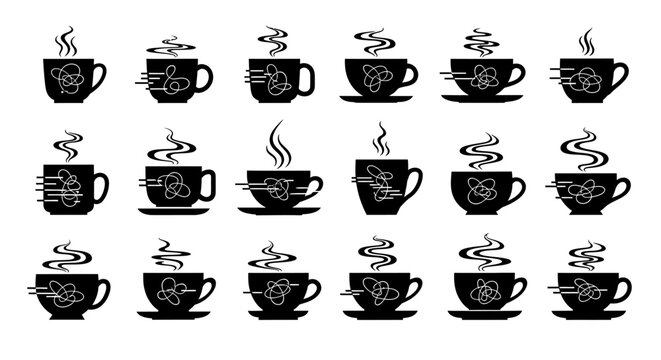 Abstract coffee cup silhouettes with swirling steam and chaotic line patterns for dynamic cafe branding energy concepts or artistic beverage industry illustrations