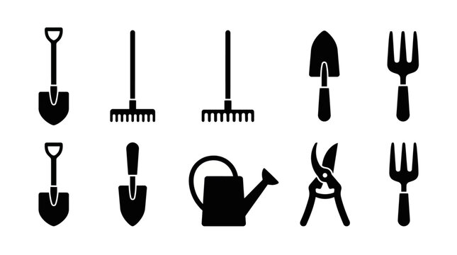 Set of black silhouette gardening tool icons including shovel rakes trowel fork watering can and pruning shears arranged in rows
