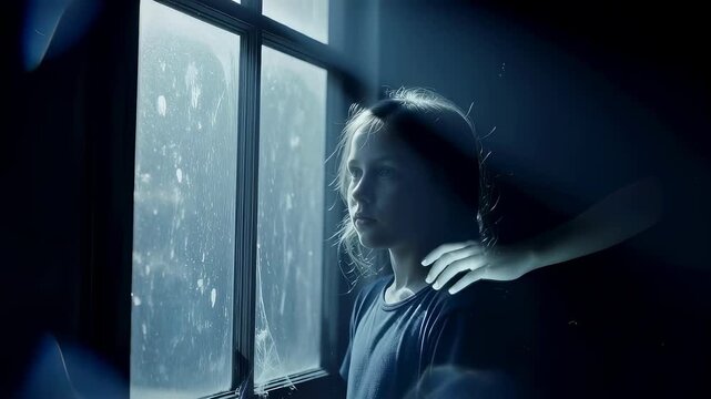 Girl standing by a window being touched by a ghostly hand. Eerie scene with a child in a dark room. Horror concept representing a supernatural presence at home.