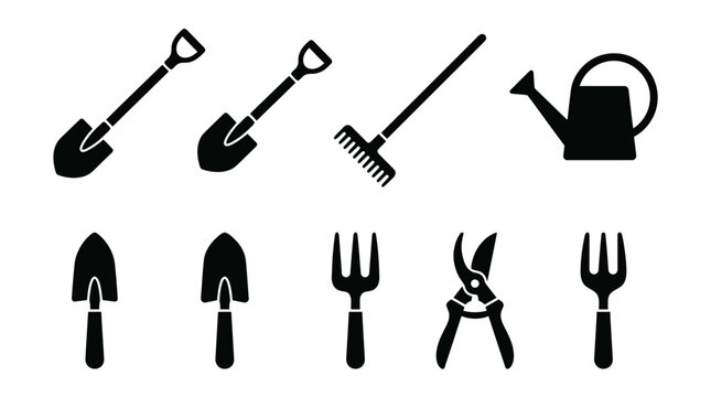 Set of black silhouette gardening tool icons including shovel rakes trowel fork watering can and pruning shears arranged in rows