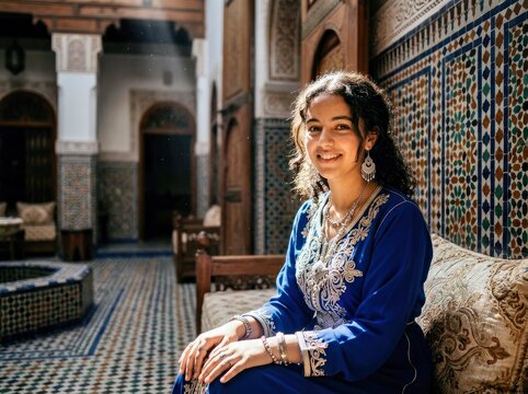 Moroccan Woman in Traditional Attire: A young Moroccan woman with a radiant smile wears a vibrant blue traditional djellaba adorned with intricate white embroidery.