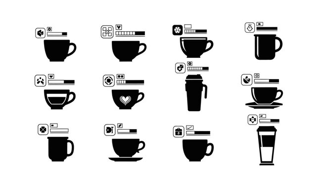 Set of twelve icons depicting coffee cups and mugs with abstract graphical elements and progress bars representing user interface features and settings
