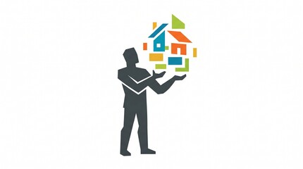 Naklejka premium Abstract flat vector logo illustration of a silhouette person holding colorful geometric houses representing real estate