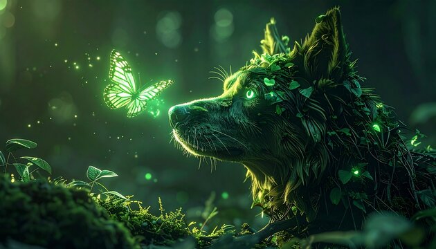 Fantasy Green Wolf In Forest