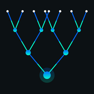 Abstract neural network machine learning decision tree diagram with blue gradient nodes on dark background.