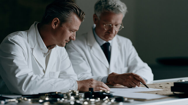 Two conservators in lab coats cross-referencing pigment analysis printouts against an old master canvas under raking light, crowded examination table of instruments, ideal for