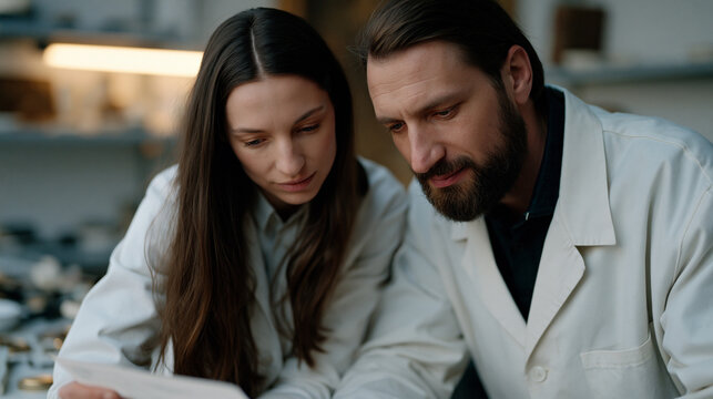 Two conservators in lab coats cross-referencing pigment analysis printouts against an old master canvas under raking light, crowded examination table of instruments, ideal for
