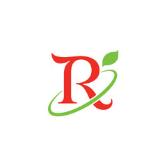 Fototapeta premium R letter logo with ellipse swosh and leaf accent
