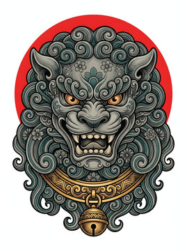 Traditional japanese stone guardian lion statue illustration featuring intricate teal swirling fur patterns and a gold collar with a bell against a bold circular red background for a unique design.