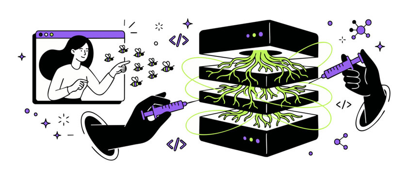 Data injection database coding illustration of developers debugging backend server layers, injecting code to neural network with syringes and web api bugs in flat vector style for tech business system