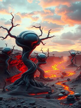 Alien landscape with twisted metallic trees and smoldering lava, planet, ||alien landscape