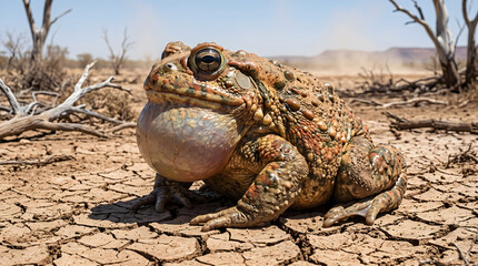 Obraz premium Large bumpy toad with a swollen throat pouch sitting patiently on the cracked dry earth during a sunny day in the arid desert landscape captured with sharp detailed macro focus.