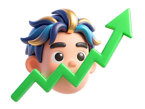 Cartoon character showing upward growth trend with green arrow graphic transparent background